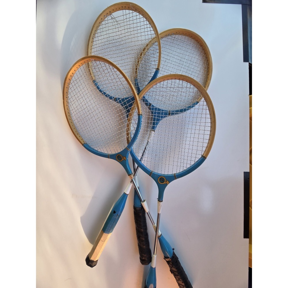 Vintage Badminton Rackets Set of 4 Wood Metal Blue White Retro Yard Game Decor